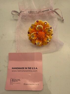 Tarina Tarantino Yellow and Orange Flower Ring with Pink Crystals